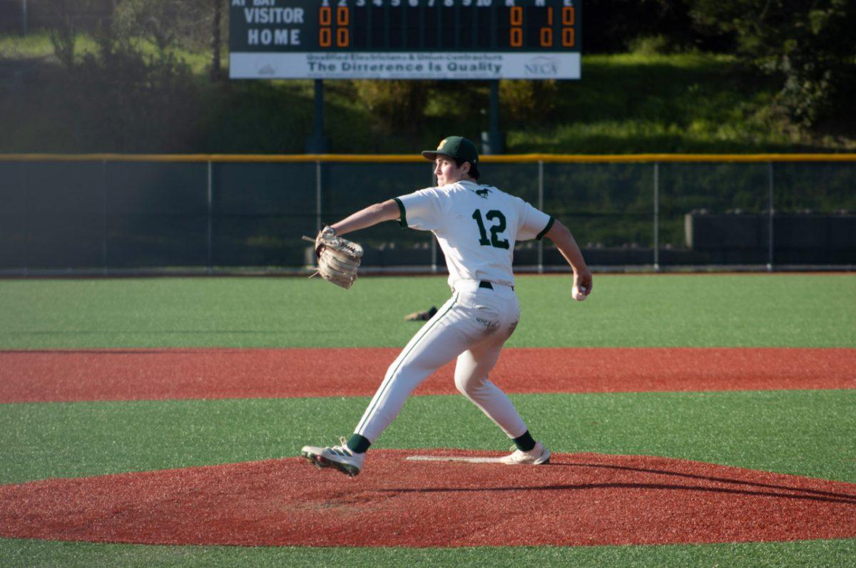 (Courtesy of Jose Rodarte Garcia) Sean McGrath pitches in San Marin’s home opener against Sacred Heart Cathedral.