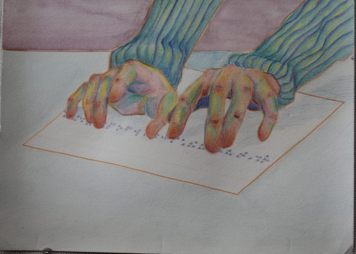 Drawing by Gracie Harleman depicts how blind people use their hands to read Braille.