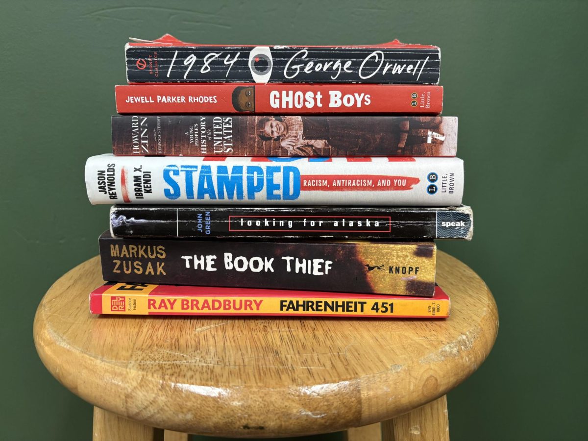 A pile of books stacked on top of one another, many of which have been banned in some states.