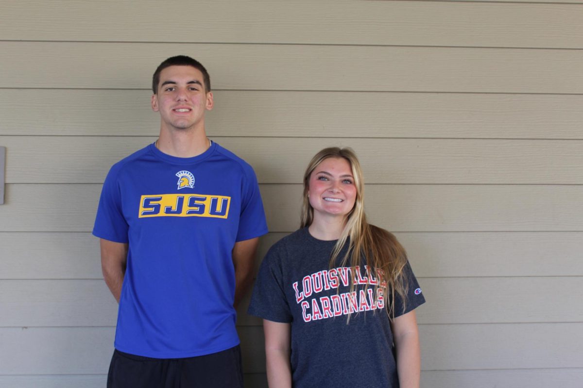 Senior football player Daniel Rolovich (left) and senior lacrosse
player Alex Chamberlain (right) representing the colleges they have
committed to playing at.
