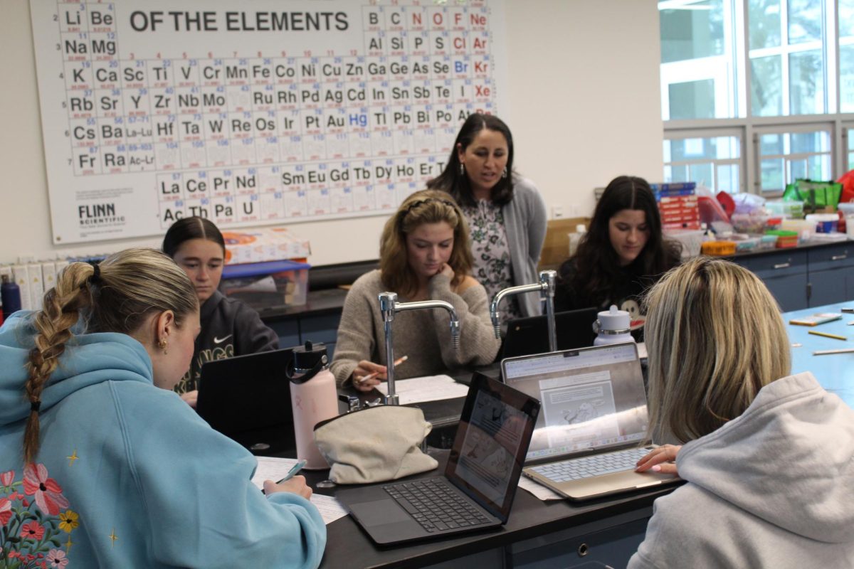 Juniors Madison Young, Avery Bishop, Hazel Loskutoff, teacher Virginia Vogl, and juniors Nora Schiltgen and Audrey Inclenrock during a lesson about polar bonds.