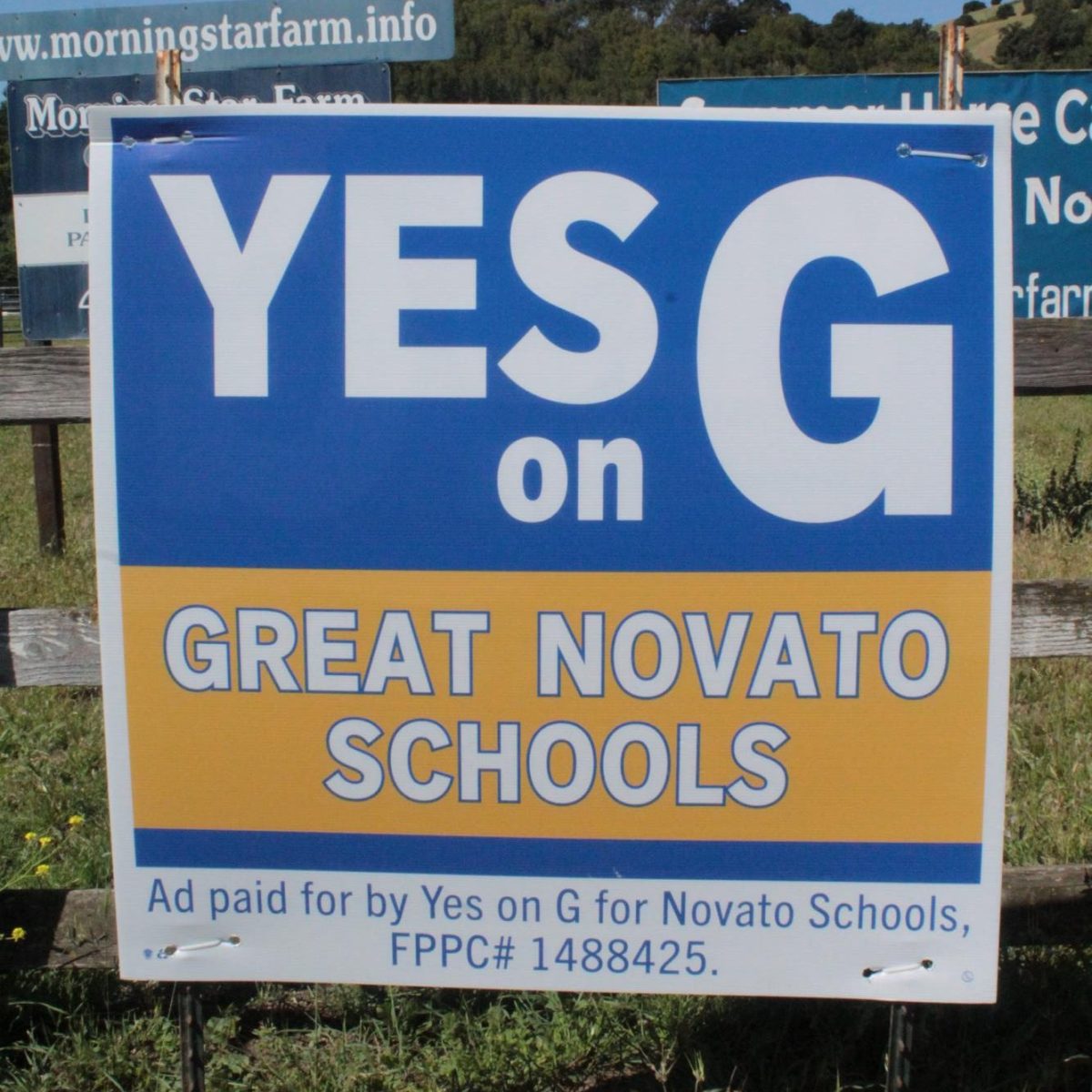 A sign advocating for Measure G posted in front of Morning Star Farms across the street from San Marin High School. 